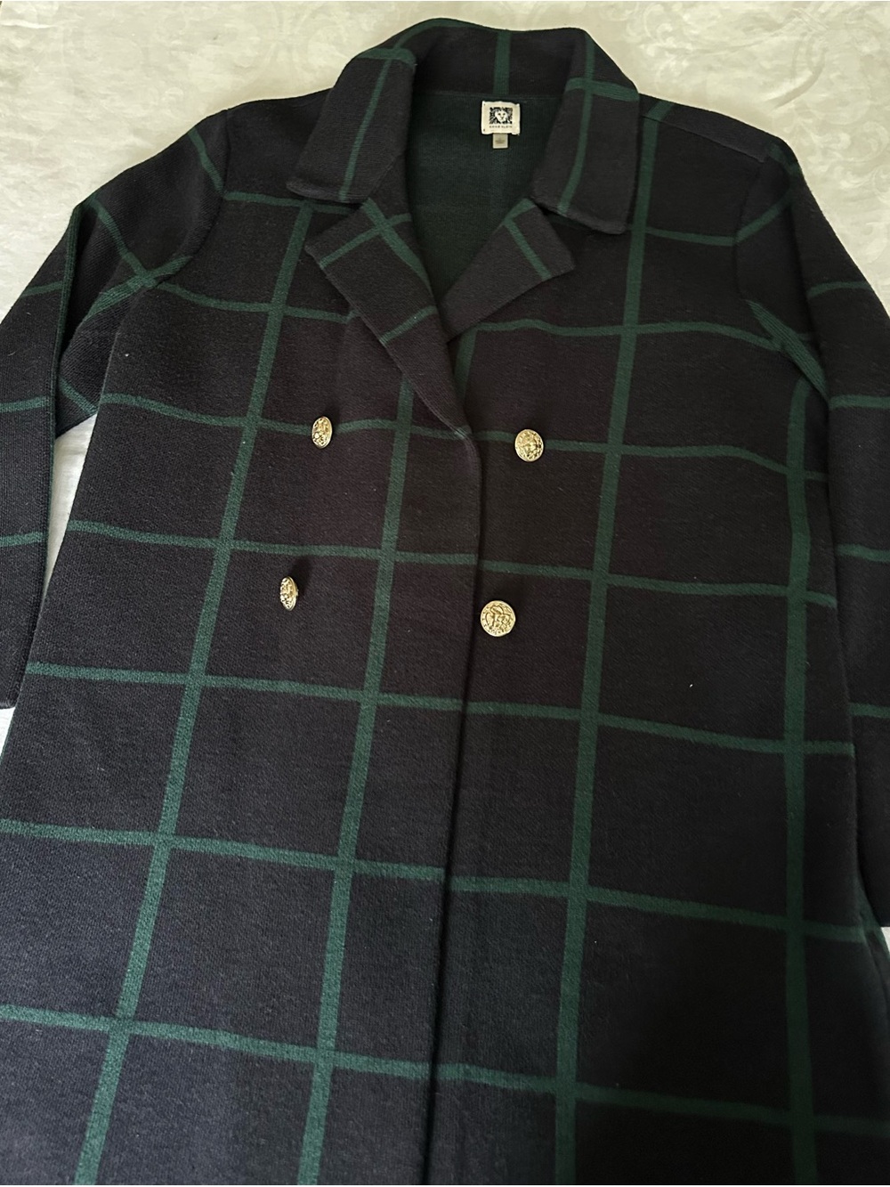 Anne Klein jacket, navy w/green windowpane plaid.